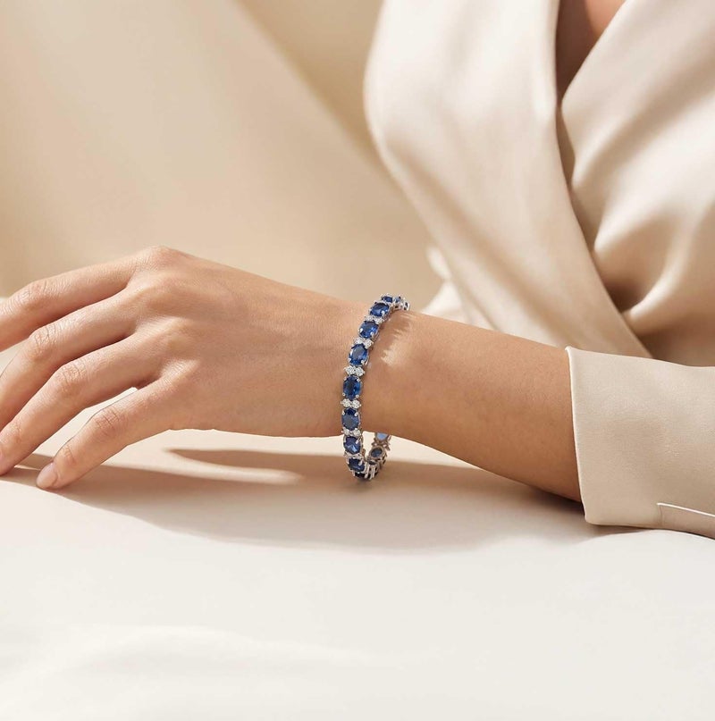 KEZEF Tennis Bracelets For Women - Cubic Zirconia - Oval 7x5mm Blue Sapphire Gemstones - Round 2.50mm White CZ - Silver Plated Brass - 7 Inch - Hypoallergenic Bracelets - Image 2