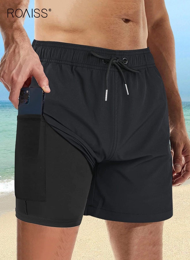 roaiss Running Fitness Pants for Men Summer Quick Drying Tight Casual Beach Shorts Men's Bathing Suits with Pockets Surfing Swimming Trunks with Compression Liner 2 in 1 Black  - Image 1
