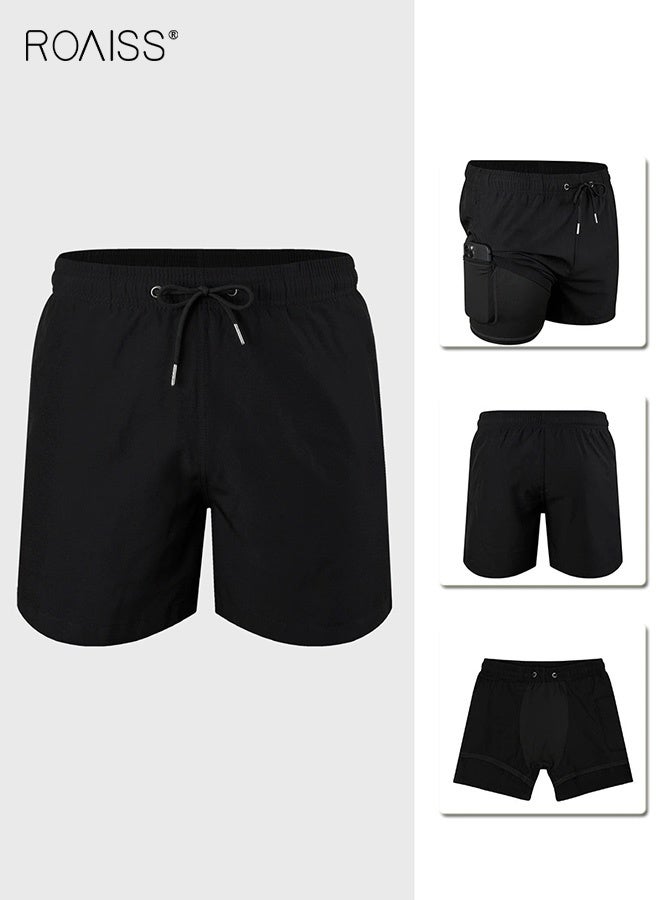 roaiss Running Fitness Pants for Men Summer Quick Drying Tight Casual Beach Shorts Men's Bathing Suits with Pockets Surfing Swimming Trunks with Compression Liner 2 in 1 Black  - Image 2