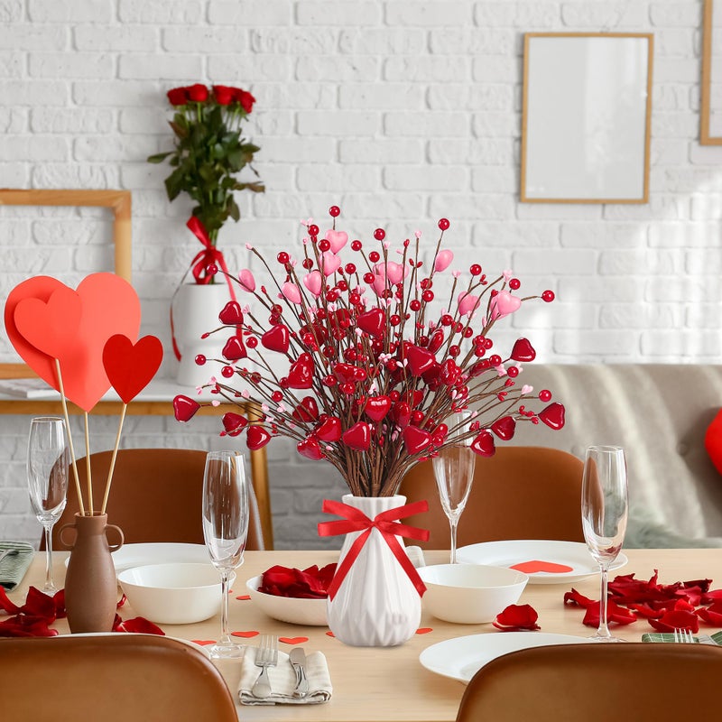 Sggvecsy Valentineâ€™s Day Gifts 12 Pcs Heart Shaped Berry Picks Artificial Red Heart Berry Twig Stem Branches with 2 Rolls of Ribbon Pink Pips for Valentineâ€™s Day Anniversary Flower Bouquets Wedding Home Decor - Image 3