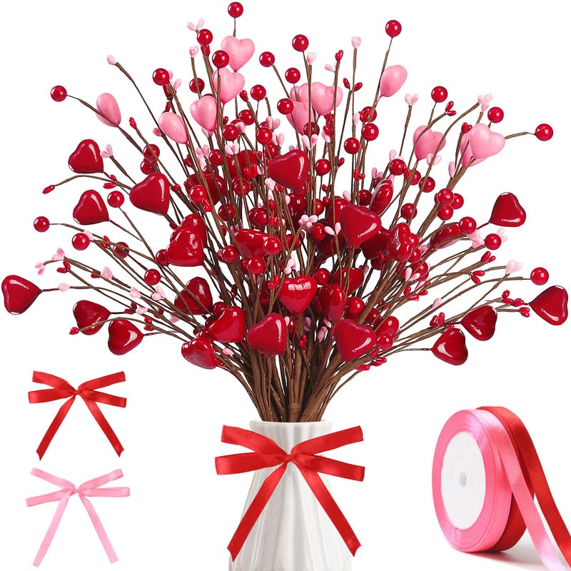 Sggvecsy Valentineâ€™s Day Gifts 12 Pcs Heart Shaped Berry Picks Artificial Red Heart Berry Twig Stem Branches with 2 Rolls of Ribbon Pink Pips for Valentineâ€™s Day Anniversary Flower Bouquets Wedding Home Decor - Image 1