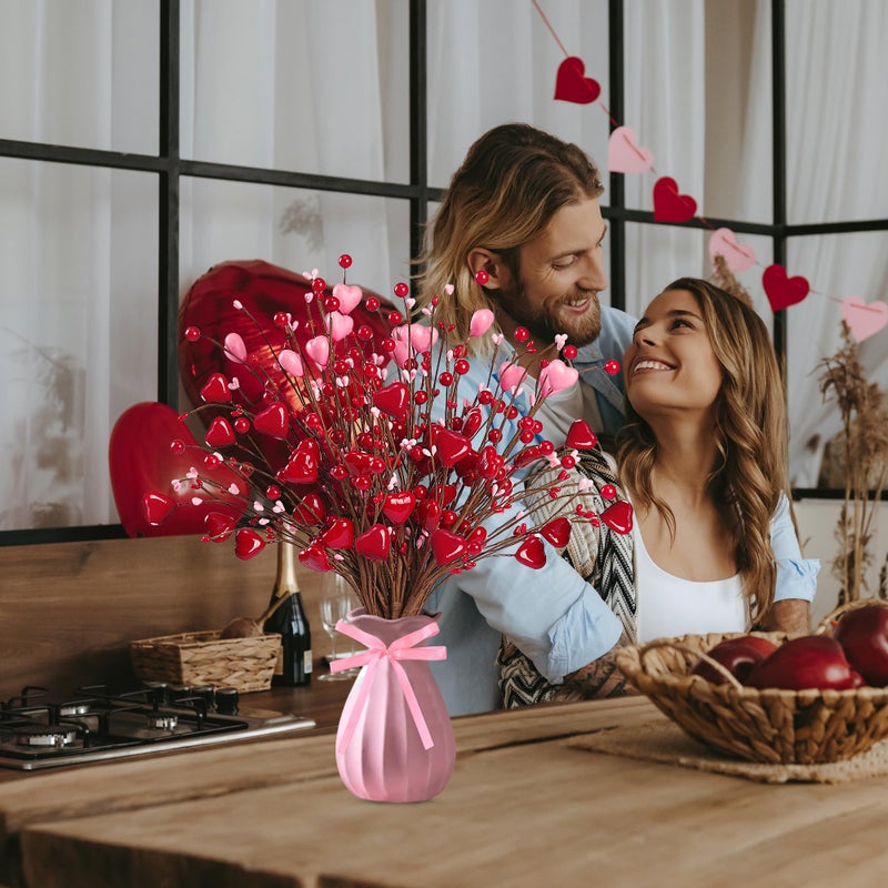 Sggvecsy Valentineâ€™s Day Gifts 12 Pcs Heart Shaped Berry Picks Artificial Red Heart Berry Twig Stem Branches with 2 Rolls of Ribbon Pink Pips for Valentineâ€™s Day Anniversary Flower Bouquets Wedding Home Decor - Image 2