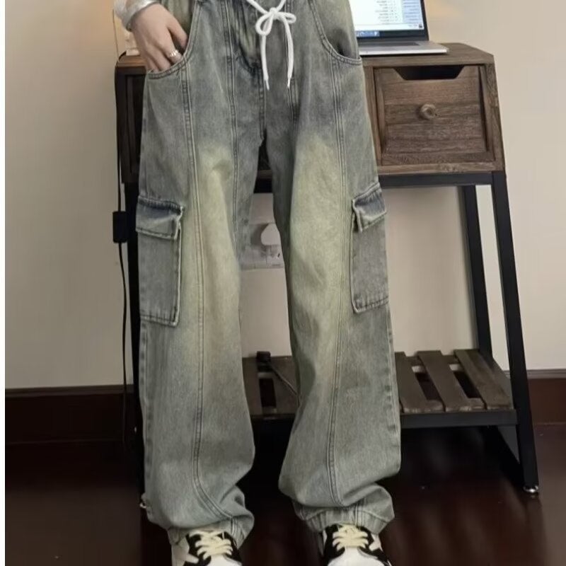 American Retro Distressed Yellow Mud Dyed Drawstring Workwear Jeans Men'S And Women'S Elastic Waist Loose Plus Size Casual Straight Pants - Image 5