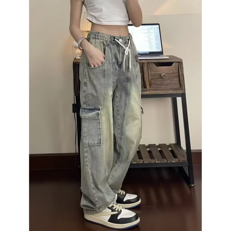 American Retro Distressed Yellow Mud Dyed Drawstring Workwear Jeans Men'S And Women'S Elastic Waist Loose Plus Size Casual Straight Pants - Image 3