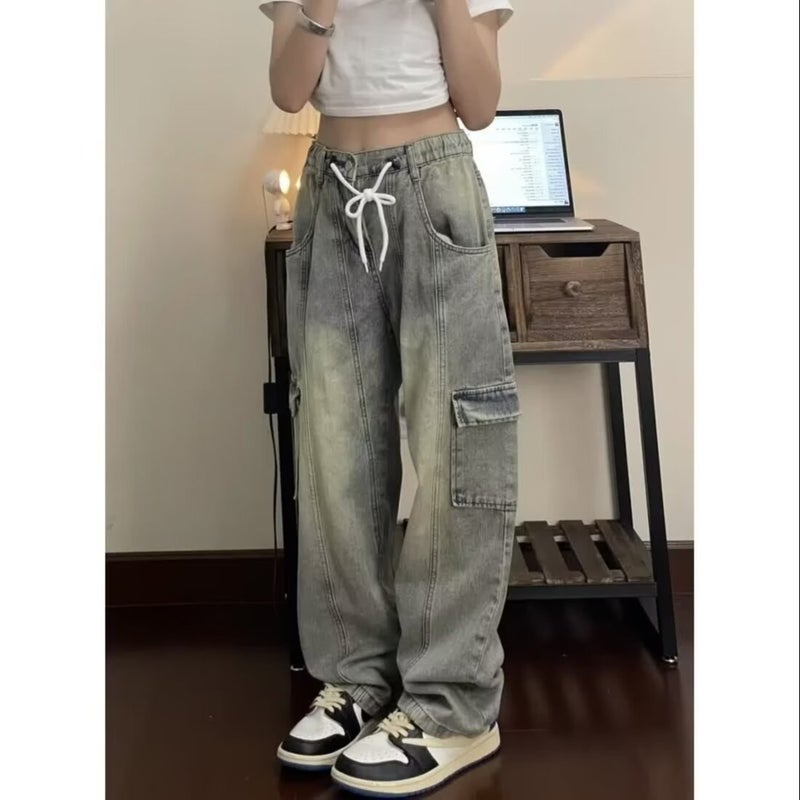 American Retro Distressed Yellow Mud Dyed Drawstring Workwear Jeans Men'S And Women'S Elastic Waist Loose Plus Size Casual Straight Pants - Image 1