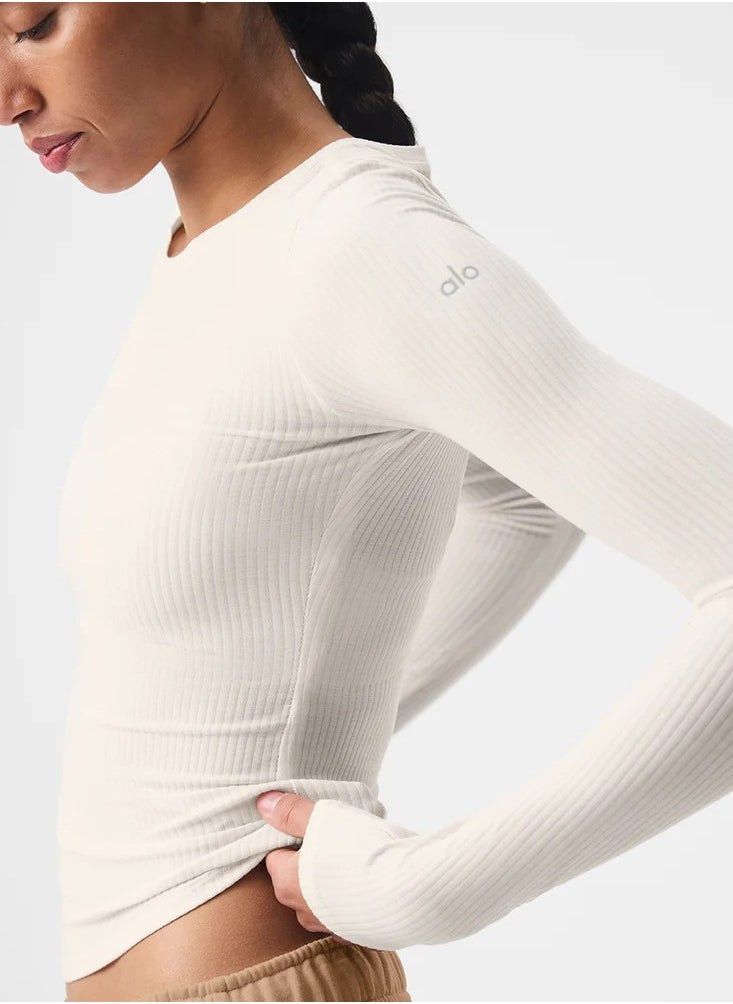 alo - alo yoga top, long-sleeved, round-neck, breathable, highly elastic, slimming, sports top, slimming, versatile, fitness innerwear as a base layer - Image 1