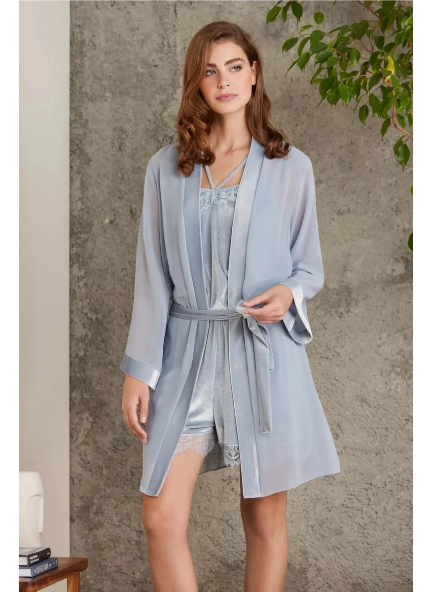 بيير كاردان 4800 Women's Lace Velvet Jumpsuit Dressing Gown Set-Mist