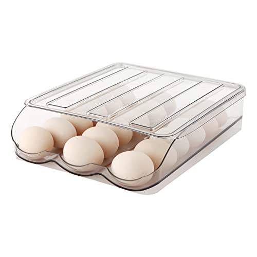 MesRosa Egg Holder for Fridge Automatically Rolling Egg Storage Container for RefrigeratorLarge Capacity Egg Organizer for Fridge with LidClear Plastic Dispenser Tray  Bin 1 Layer