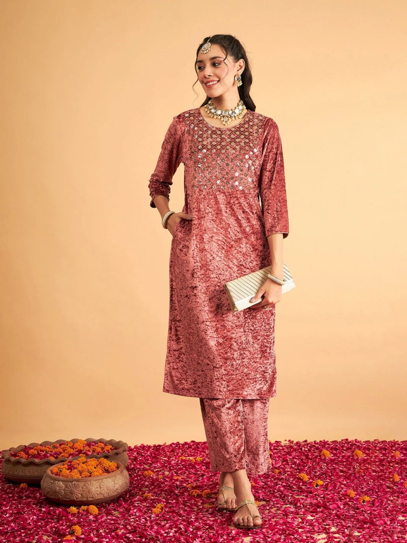 PRASHA Women Pink Velvet Front Embroidered Straight Kurta with Pants - Image 1