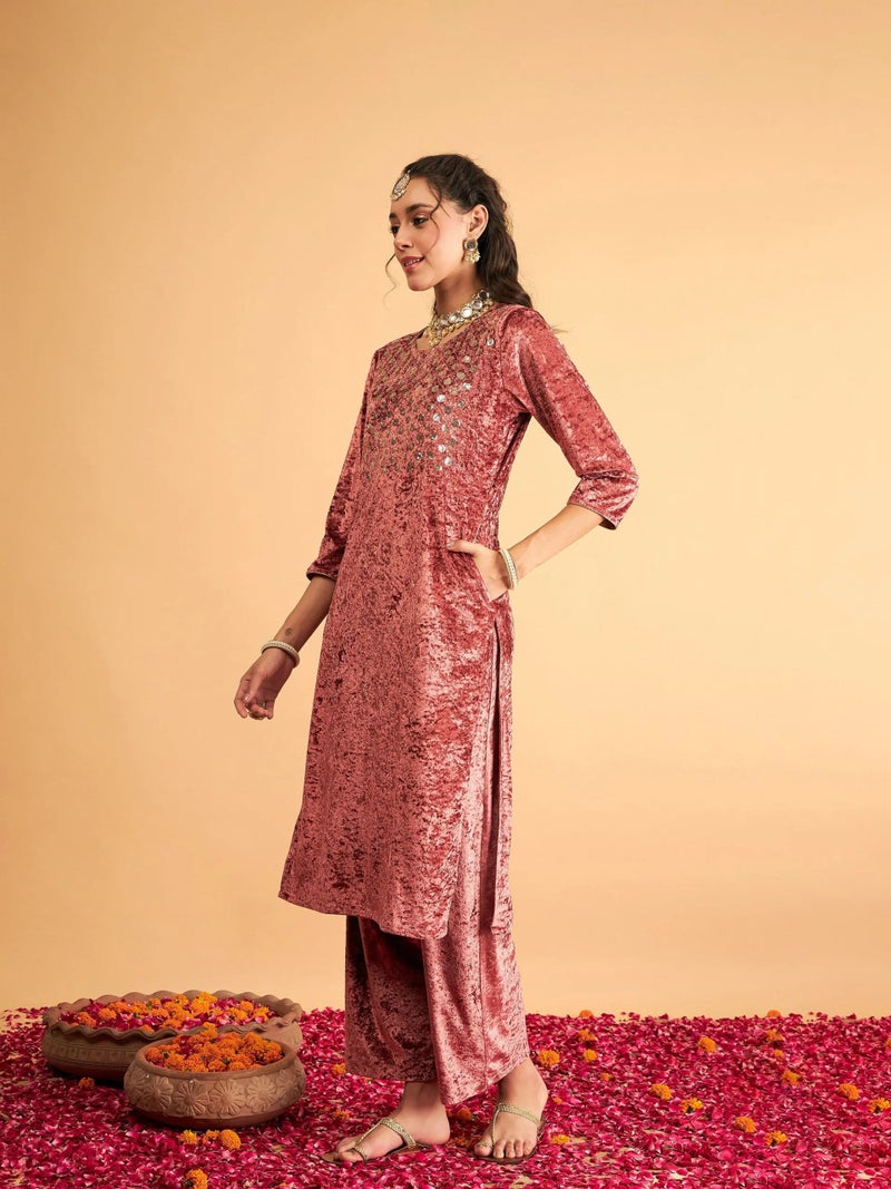 PRASHA Women Pink Velvet Front Embroidered Straight Kurta with Pants - Image 3