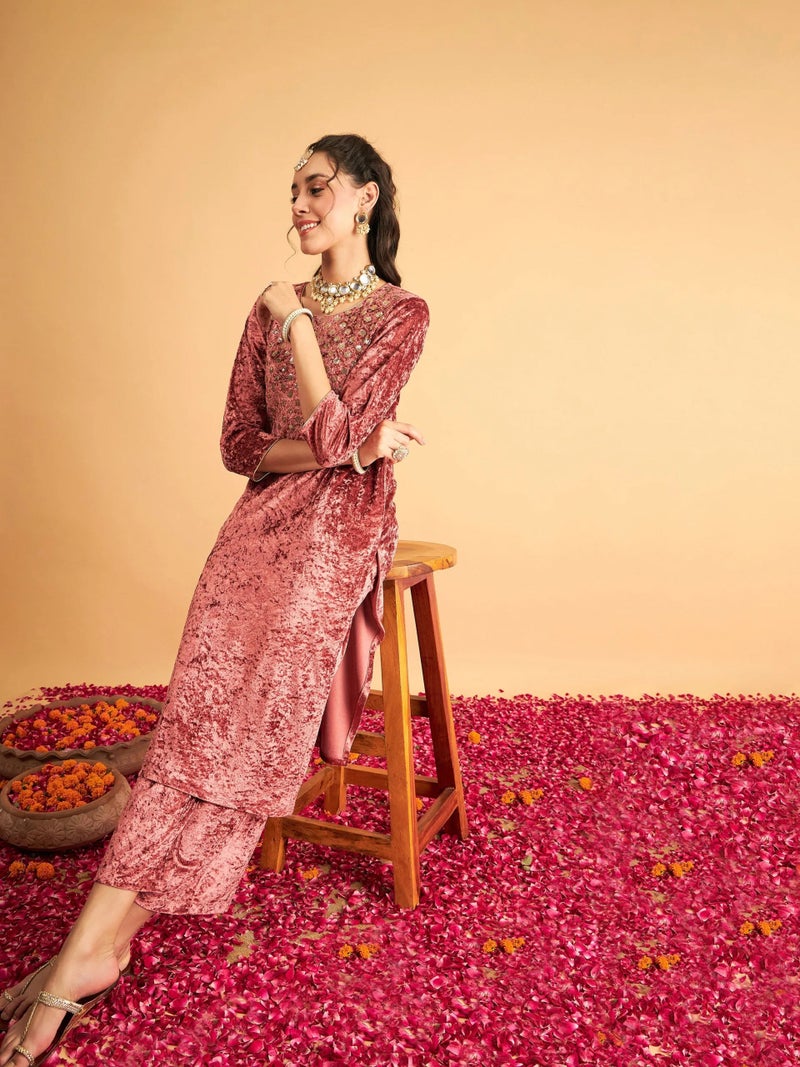 PRASHA Women Pink Velvet Front Embroidered Straight Kurta with Pants - Image 2