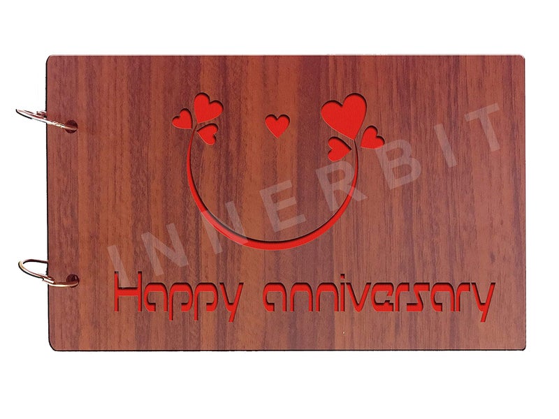 innerbit® 'Happy Anniversary' Artistic Wooden Photo Album Scrap Book 30 Pages - Size (22 cm x 15 cm) Gift Item - Image 1