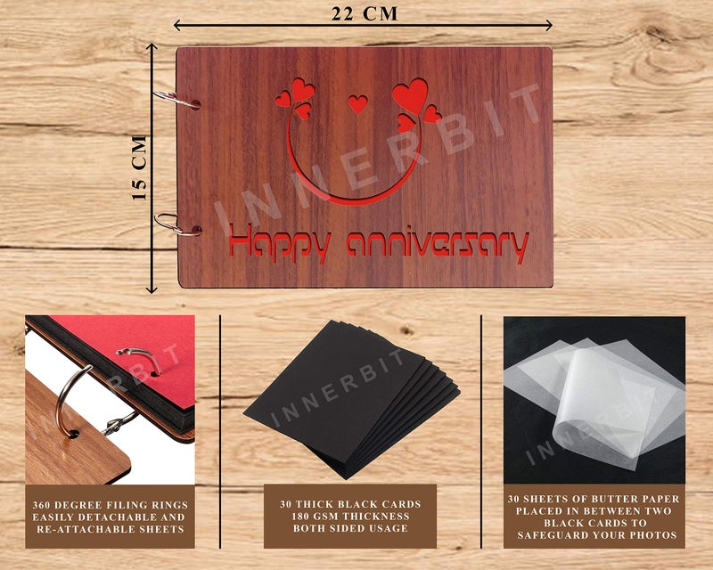 innerbit® 'Happy Anniversary' Artistic Wooden Photo Album Scrap Book 30 Pages - Size (22 cm x 15 cm) Gift Item - Image 2