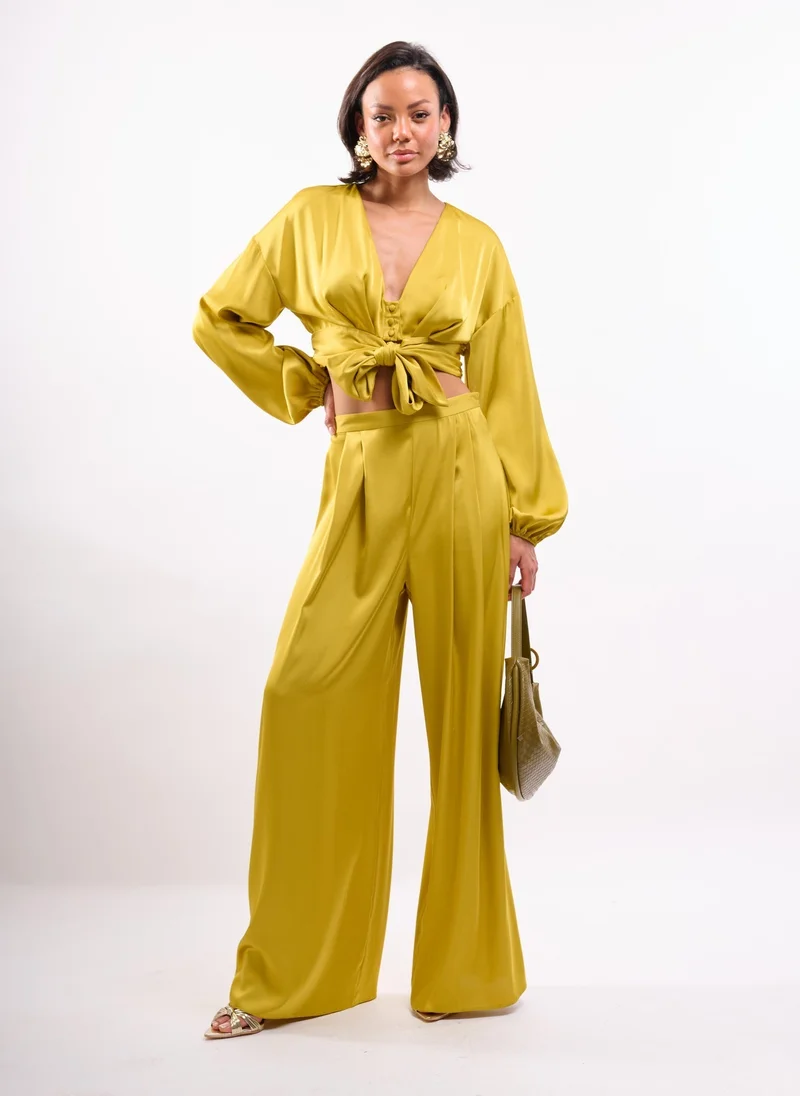 Faia Chartreuse Tie Front Satin Shirt Co-ord in Chartreuse for Women | Best Price UAE