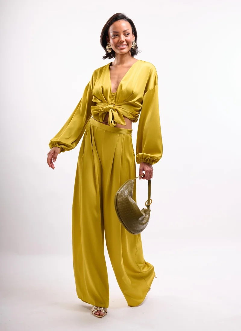 Faia Chartreuse Tie Front Satin Shirt Co-ord in Chartreuse for Women | Best Price UAE