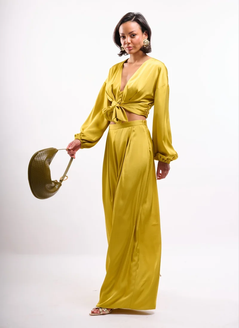 Faia Chartreuse Tie Front Satin Shirt Co-ord in Chartreuse for Women | Best Price UAE