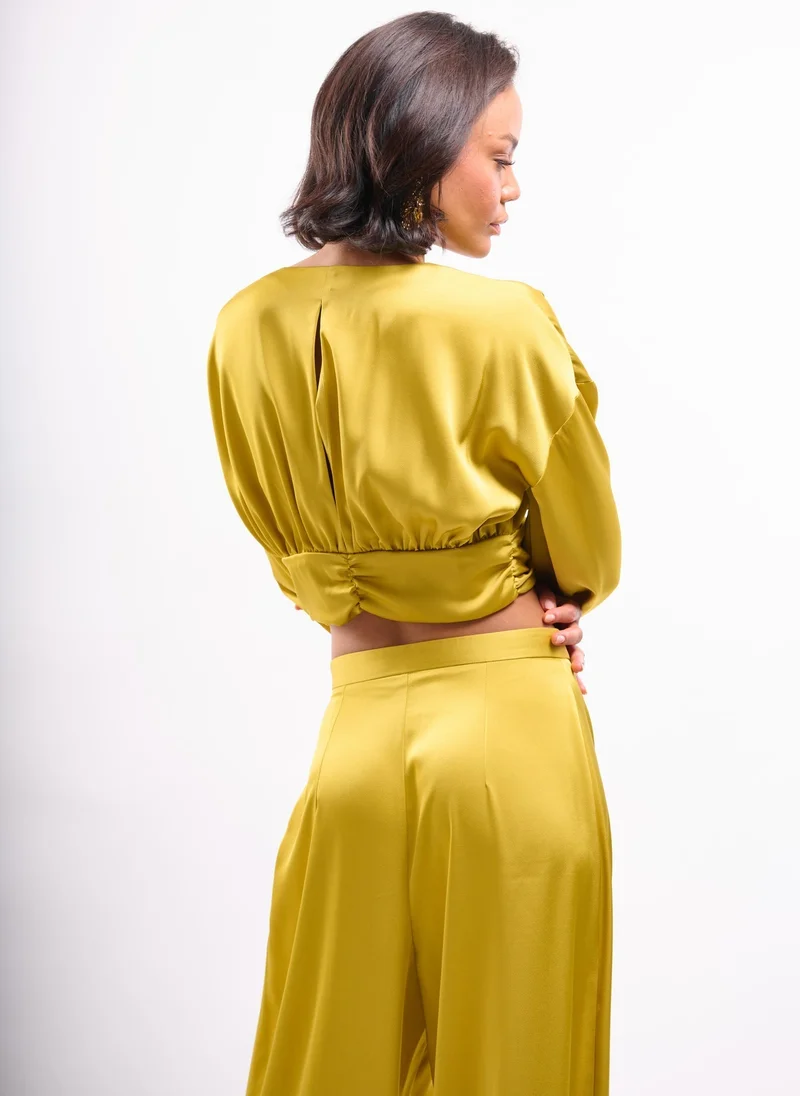 Faia Chartreuse Tie Front Satin Shirt Co-ord in Chartreuse for Women | Best Price UAE