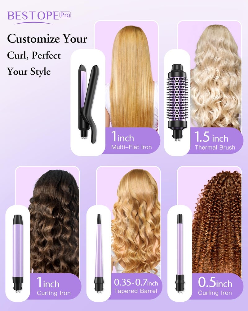 BESTOPE PRO 5 in 1 Curling Iron, Curling Wand Set with Thermal Brush, Flat Iron Hair Straightener, 3 Ceramic Irons (0.35"-1"), 13 Adjustable Temps, Hair Curler Waver with Heat Resistant Mat, Glove, Clip - Image 2