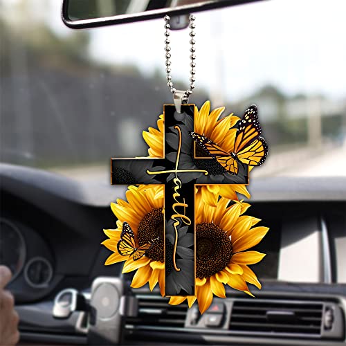 Talataca Faith Sunflower God Jesus Cross Christian Butterfly 2D Flat Car Rear View Mirror Accessories Christmas Tree Ornament Decoration Hanging Charm Interior Rearview Pendant Decor Gift - Image 1