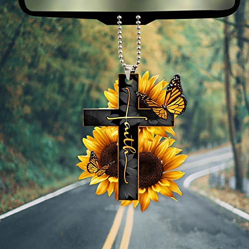 Talataca Faith Sunflower God Jesus Cross Christian Butterfly 2D Flat Car Rear View Mirror Accessories Christmas Tree Ornament Decoration Hanging Charm Interior Rearview Pendant Decor Gift - Image 3