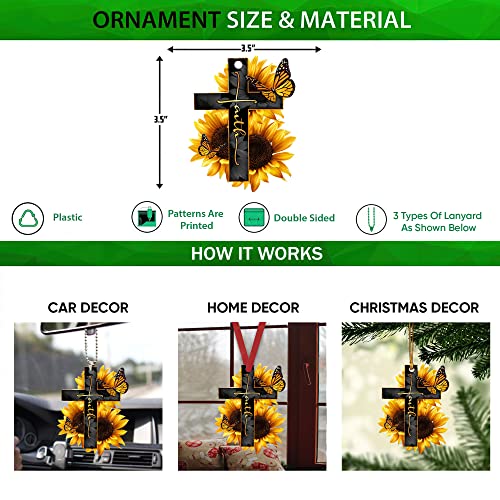 Talataca Faith Sunflower God Jesus Cross Christian Butterfly 2D Flat Car Rear View Mirror Accessories Christmas Tree Ornament Decoration Hanging Charm Interior Rearview Pendant Decor Gift - Image 2
