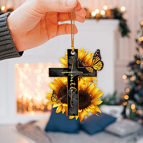 Talataca Faith Sunflower God Jesus Cross Christian Butterfly 2D Flat Car Rear View Mirror Accessories Christmas Tree Ornament Decoration Hanging Charm Interior Rearview Pendant Decor Gift - Image 5