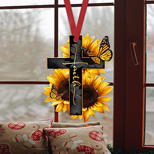 Talataca Faith Sunflower God Jesus Cross Christian Butterfly 2D Flat Car Rear View Mirror Accessories Christmas Tree Ornament Decoration Hanging Charm Interior Rearview Pendant Decor Gift - Image 4