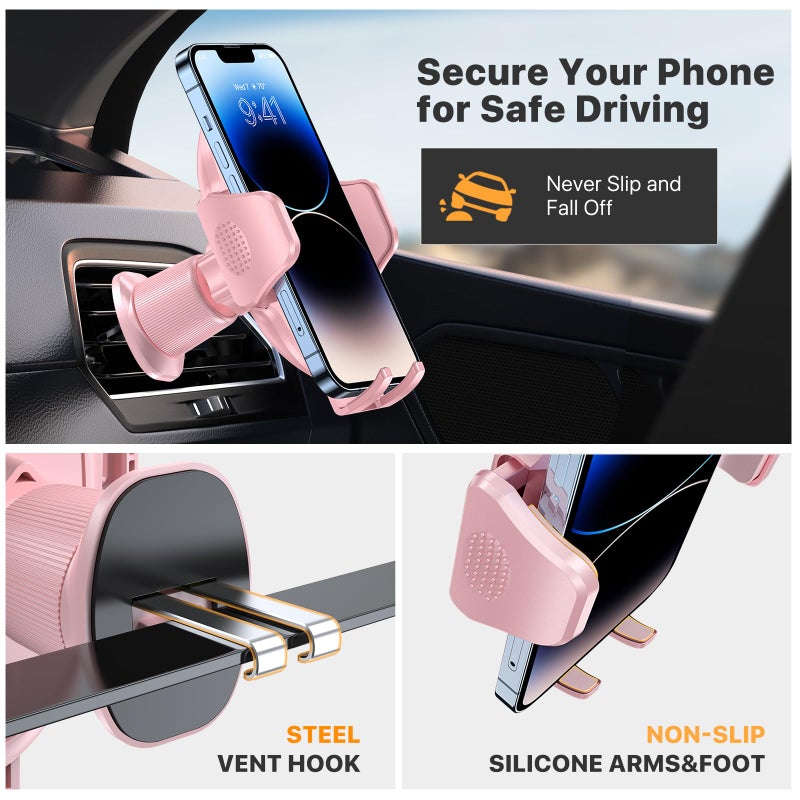 Miracase Phone Holders for Your Car with Metal Hook Clip, Cell Phone Mounts Air Vent Cell Phone Stand Car Mount, Universal Automobile Cradle Fit for iPhone Android and All Smartphones (Pink) - Image 3