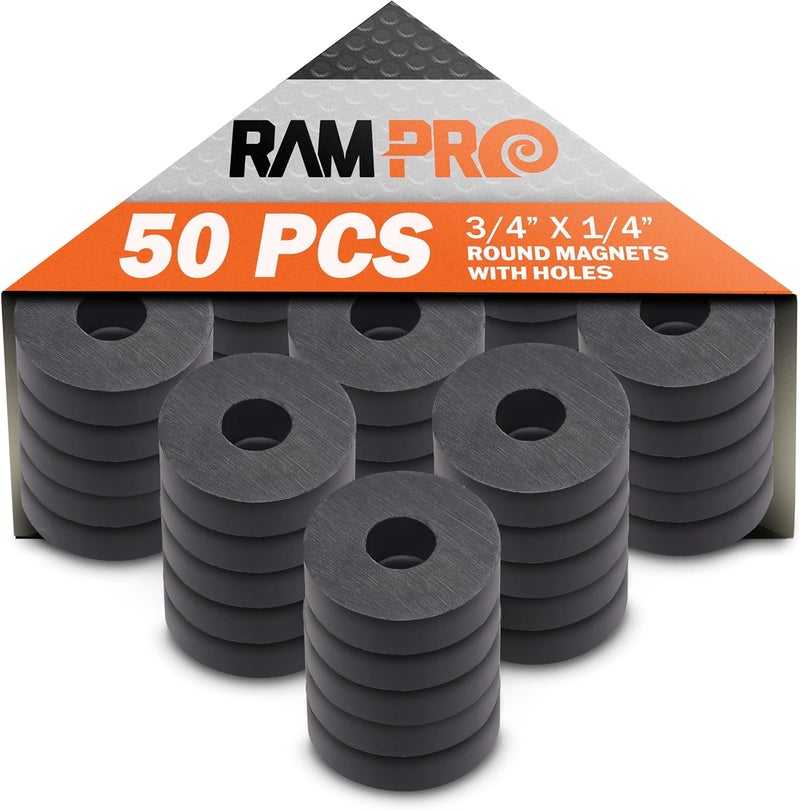RAM-PRO 50-Piece Powerful Magnetic Round Ferrite Magnet Discs with ¼” Dia. Holes (3/4" x 1/4") – Universal Use on Frigidaire’s, Bulletin Boards & Arts-Crafts Projects, Etc. - Image 1