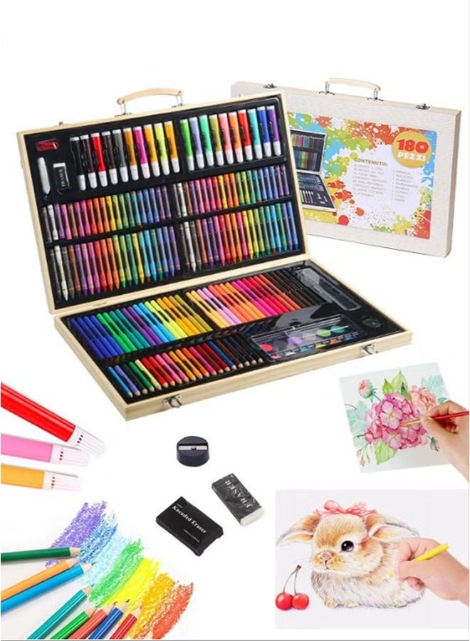 Deluxe 180 Color Art Set Comprehensive Art Supplies with Oil Pastels Crayons Colored Pencils Markers and Watercolor Cakes in a Double Layered Wooden Gift Box for Artists of All Ages  - Image 1