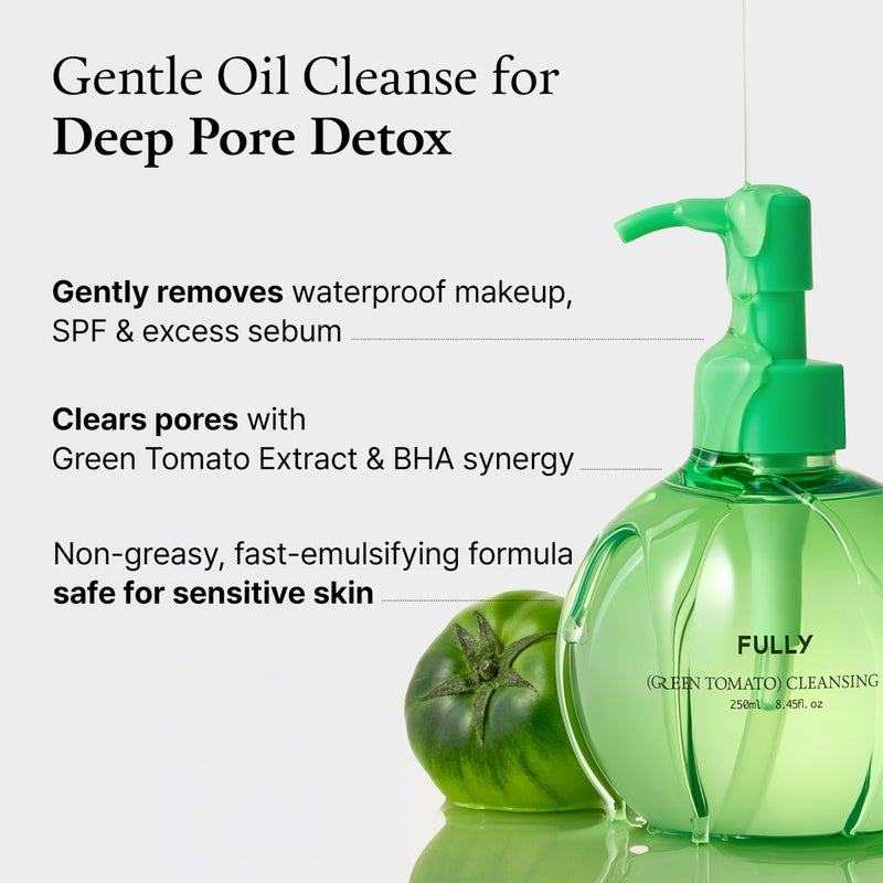 FULLY Green Tomato Pore Cleansing Oil, Daily Oil Cleanser with BHA & Green Tomato for Makeup Removal, Sebum Control, Blackhead Removal for Sensitive Skin, Vegan Korean Skincare, 8.45 fl.oz - Image 3