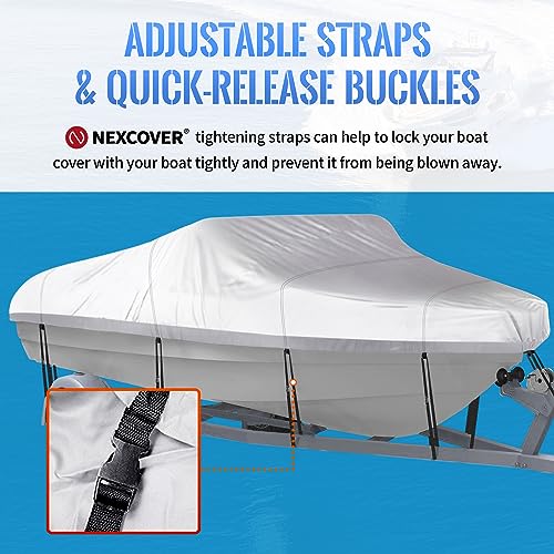 NEXCOVER Trailerable Boat Cover, Length: 17'-19' Beam Width: up to 96", Waterproof Heavy Duty Cover, Fits V-Hull, TRI-Hull, Runabout, Pro-Style, Bass Boat, Storage Bag & Tightening Straps Included. - Image 4