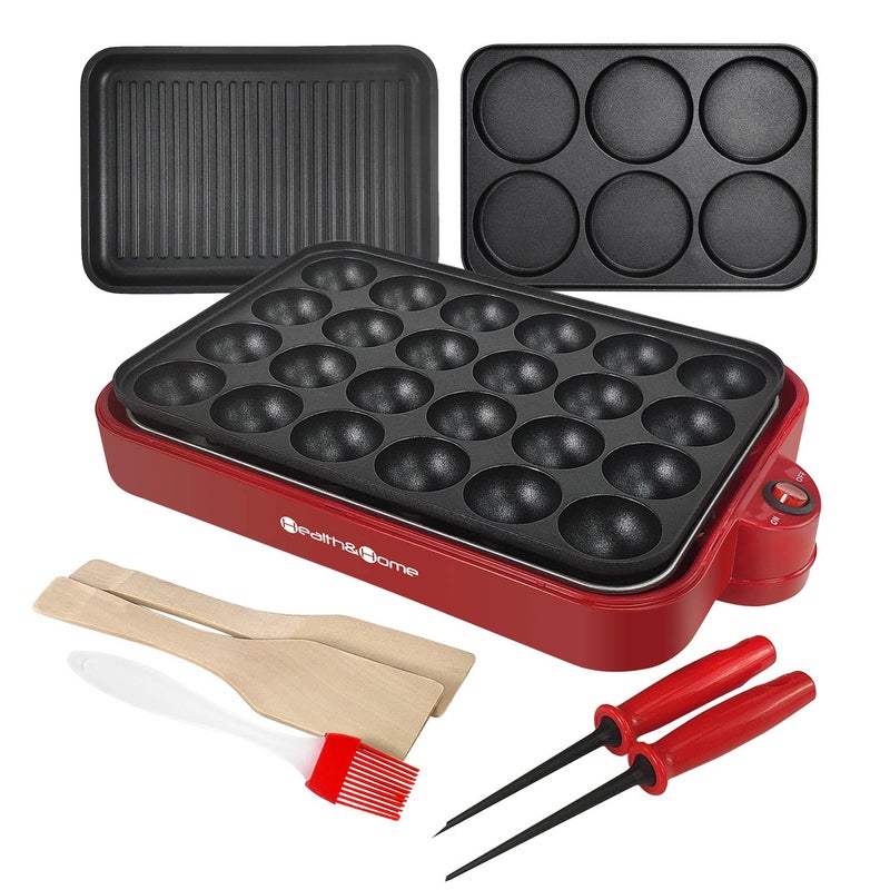 Health and Home Health and Home Multifunction Nonstick Baking Maker with 3 Interchangeable Baking Plates for GrillPan Cake and Cake PopsTakoyaki MakerRED 