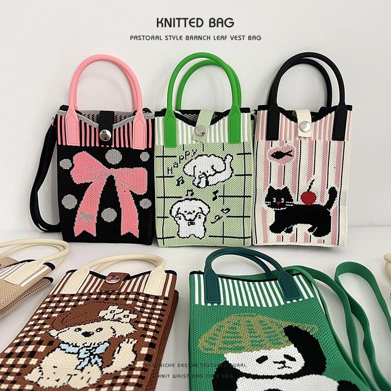 New Style Portable Small Bag Girl'S Cartoon Crossbody Mobile Phone Bag Knitted Small Square Bag Adjustable Crossbody Bag Shoulder Bag - Image 4