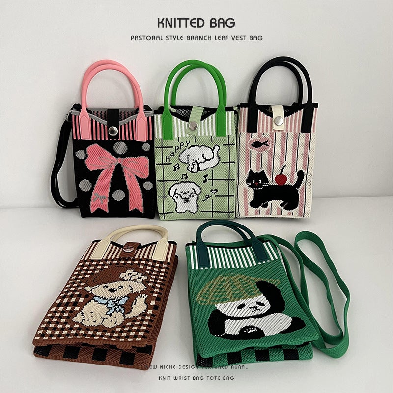 New Style Portable Small Bag Girl'S Cartoon Crossbody Mobile Phone Bag Knitted Small Square Bag Adjustable Crossbody Bag Shoulder Bag - Image 5