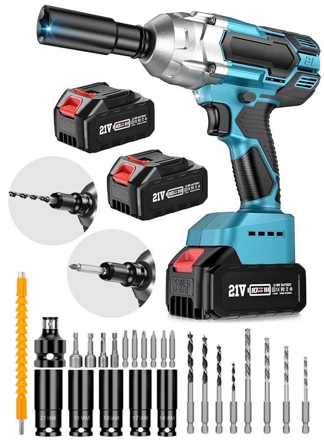 ALongDeng 21V Cordless Impact Wrench Impact Wrench 1/2 inch Max Torque 479 Ft-lbs(650Nm) 3300RPM w/ 2x 4.0 Battery 6 Sockets 8 Drill 6 Screws High Torque Power Impact Wrench for Car Home  - Image 1