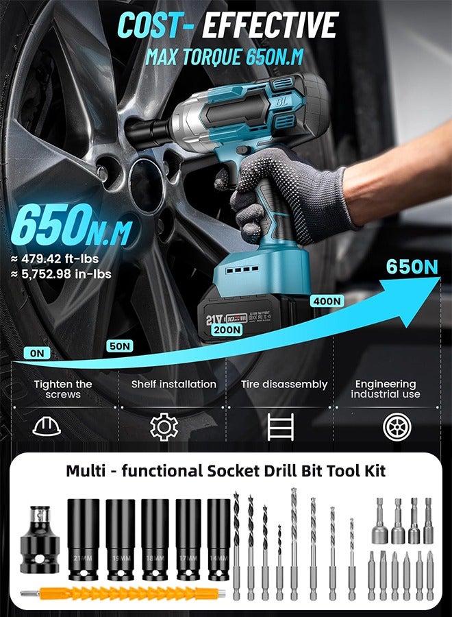 ALongDeng 21V Cordless Impact Wrench Impact Wrench 1/2 inch Max Torque 479 Ft-lbs(650Nm) 3300RPM w/ 2x 4.0 Battery 6 Sockets 8 Drill 6 Screws High Torque Power Impact Wrench for Car Home  - Image 2