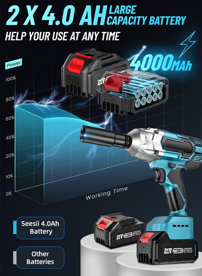 ALongDeng 21V Cordless Impact Wrench Impact Wrench 1/2 inch Max Torque 479 Ft-lbs(650Nm) 3300RPM w/ 2x 4.0 Battery 6 Sockets 8 Drill 6 Screws High Torque Power Impact Wrench for Car Home  - Image 3