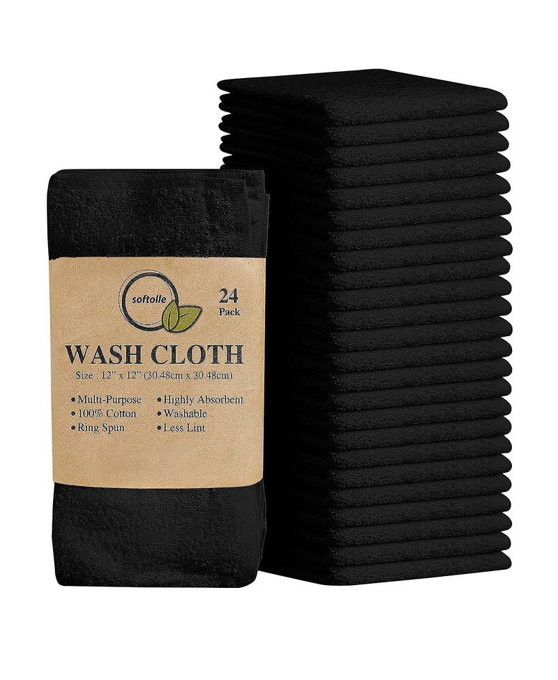 Softolle 100 Cotton Ring Spun Wash Cloths  Bulk Pack of Washcloths  12x12 Inches  Wash Cloth for Face Highly Absorbent Soft and Face Towels Black 24 Pack