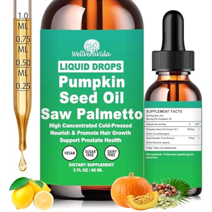 WellVeraVida Pumpkin Seed Oil with Saw Palmetto Drops-High Concentrated Pumpkin Seeds Oil Supplement for Hair, Bladder & Prostate Health丨 Cold Pressed, High Absorption Liquid for Women & Men丨NON-GMO, Vegan, 2Fl Oz - Image 1