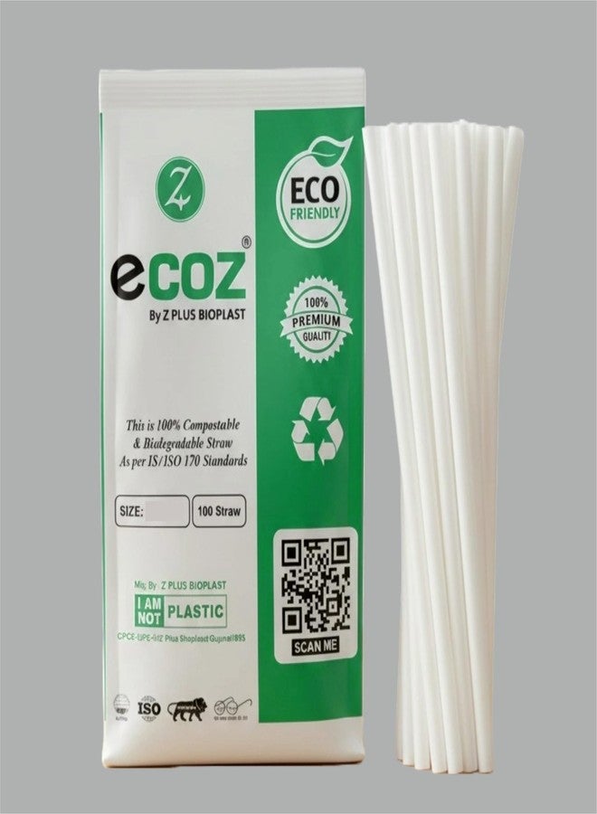 ECOZ Biodegradable Plastic Straws | 6 mm, 100 Count | Eco-Friendly Compostable Sustainable Disposable Drinking Straws | Cocktail Cold Drink Juice White Straws - Image 1