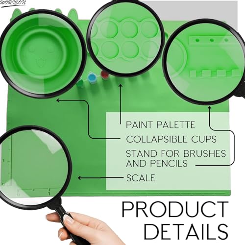 Worison Silicone Painting Mat with Brush Holders Multifunction Craft Mat for Crafts with Bunny Cups Painting Mats 15.7 x 19.5 Inch (Green) - Image 3