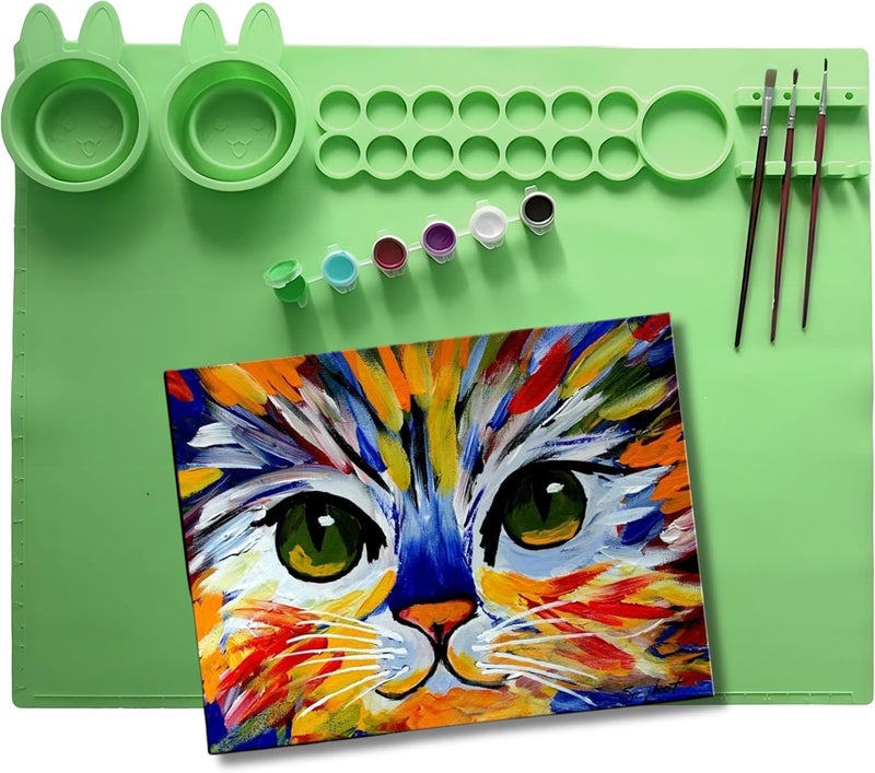 Worison Silicone Painting Mat with Brush Holders Multifunction Craft Mat for Crafts with Bunny Cups Painting Mats 15.7 x 19.5 Inch (Green) - Image 1