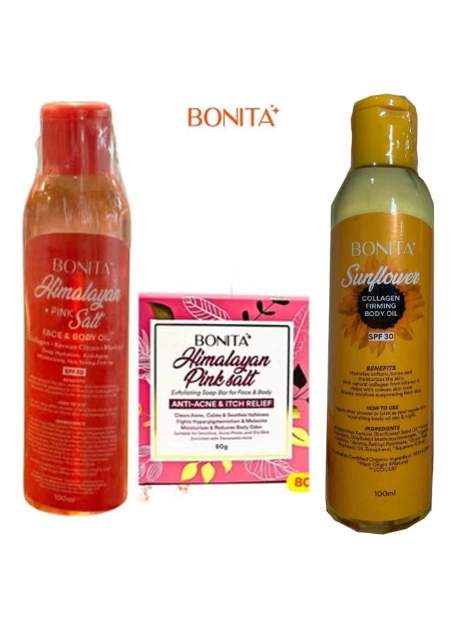 مجموعة من زيت ملح الهيمالايا الوردي 100 مل & صابون ملح الهيمالايا الوردي 80 جرام & وزيت كولاجين دوار الشمس للوجه والجسم 100 مل