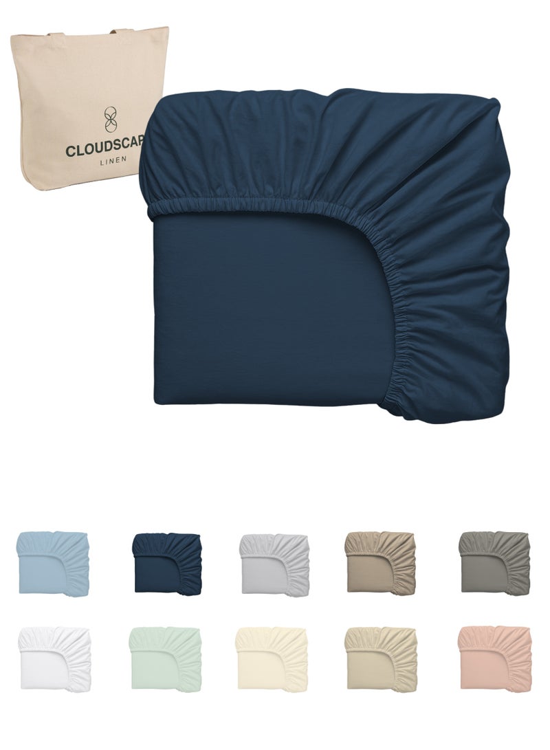 كلاود سكيب لينين Cloud Scape Linen 600 Thread Count Egyptian Cotton Fitted Sheet ( Queen, Dark Denim) - Image 2
