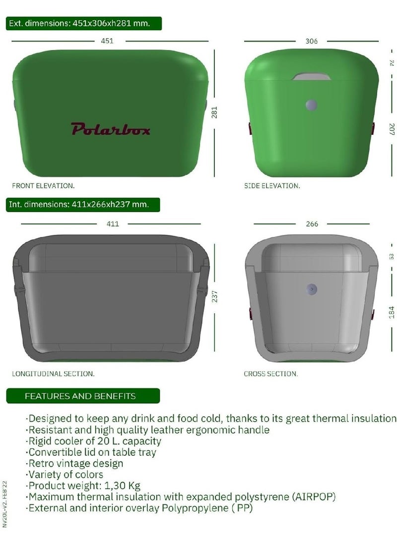 Polarbox - 20L Classic Cooler Box with Leather Strap, Rigid Thermal Insulated Ice for Beach, Picnic Party Convertible Lid Polypropylene Insulation Nude/Olive PB-9215, Olive Green - Image 1