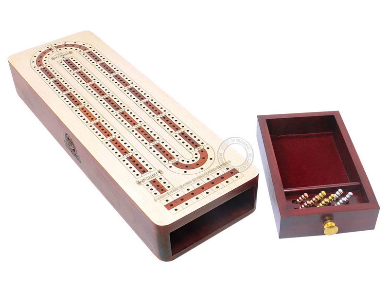 House of Cribbage Continuous Cribbage Board Alphabet e Shape Inlaid in Maple and Bloodwood with Storage Drawer for pegs and Cards  3 Tracks