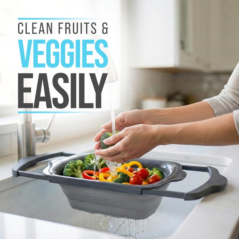Comfify XL Large Kitchen Strainer - Collapsible Silicone Over-The-Sink Colander with Extendable Handles - Use with Pasta, Fruit, Berries & Veggie - 6 Quart - Gray - Image 5