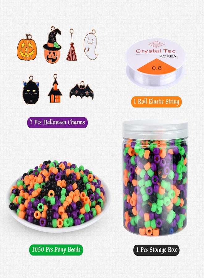 KUUQA 1050 Pcs Halloween Pony Beads with 7 Pcs Charms Pendant Decorations 1 Roll Elastic String Acrylic DIY Craft Beads with Storage Box Halloween Beads for Jewelry Making - Image 2