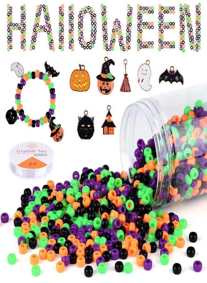 KUUQA 1050 Pcs Halloween Pony Beads with 7 Pcs Charms Pendant Decorations 1 Roll Elastic String Acrylic DIY Craft Beads with Storage Box Halloween Beads for Jewelry Making - Image 1